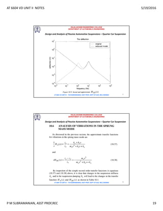 AT 6604 VD UNIT II NOTES 5/19/2016
P M SUBRAMANIAN, ASST PROF,REC 19
RAJALAKSHMI ENGINEERING COLLEGE
DEPARTMENT OF AUTOMOBILE ENGINEERING
AT 6604 VD UNIT III - P.M SUBRAMANIAN, ASST PROF, DEPT OF AUE, REC,CHENNAI 37
Design and Analysis of Passive Automotive Suspensions – Quarter Car Suspension
RAJALAKSHMI ENGINEERING COLLEGE
DEPARTMENT OF AUTOMOBILE ENGINEERING
AT 6604 VD UNIT III - P.M SUBRAMANIAN, ASST PROF, DEPT OF AUE, REC,CHENNAI 38
Design and Analysis of Passive Automotive Suspensions – Quarter Car Suspension
 