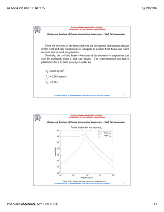 AT 6604 VD UNIT II NOTES 5/19/2016
P M SUBRAMANIAN, ASST PROF,REC 27
RAJALAKSHMI ENGINEERING COLLEGE
DEPARTMENT OF AUTOMOBILE ENGINEERING
AT 6604 VD UNIT III - P.M SUBRAMANIAN, ASST PROF, DEPT OF AUE, REC,CHENNAI 53
Design and Analysis of Passive Automotive Suspensions – Half Car Suspension
RAJALAKSHMI ENGINEERING COLLEGE
DEPARTMENT OF AUTOMOBILE ENGINEERING
AT 6604 VD UNIT III - P.M SUBRAMANIAN, ASST PROF, DEPT OF AUE, REC,CHENNAI 54
Design and Analysis of Passive Automotive Suspensions – Half Car Suspension
 