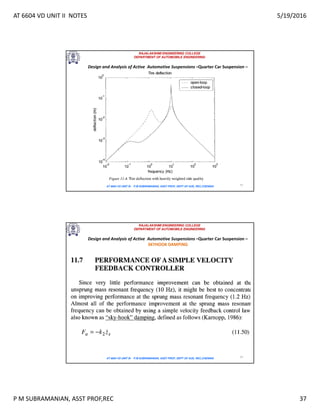 AT 6604 VD UNIT II NOTES 5/19/2016
P M SUBRAMANIAN, ASST PROF,REC 37
RAJALAKSHMI ENGINEERING COLLEGE
DEPARTMENT OF AUTOMOBILE ENGINEERING
AT 6604 VD UNIT III - P.M SUBRAMANIAN, ASST PROF, DEPT OF AUE, REC,CHENNAI 73
Design and Analysis of Active Automotive Suspensions –Quarter Car Suspension –
LQR FORMULATION
RAJALAKSHMI ENGINEERING COLLEGE
DEPARTMENT OF AUTOMOBILE ENGINEERING
AT 6604 VD UNIT III - P.M SUBRAMANIAN, ASST PROF, DEPT OF AUE, REC,CHENNAI 74
Design and Analysis of Active Automotive Suspensions –Quarter Car Suspension –
SKYHOOK DAMPING
 