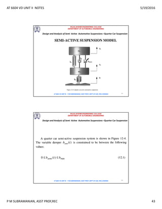 AT 6604 VD UNIT II NOTES 5/19/2016
P M SUBRAMANIAN, ASST PROF,REC 43
RAJALAKSHMI ENGINEERING COLLEGE
DEPARTMENT OF AUTOMOBILE ENGINEERING
AT 6604 VD UNIT III - P.M SUBRAMANIAN, ASST PROF, DEPT OF AUE, REC,CHENNAI 85
Design and Analysis of Semi Active Automotive Suspensions –Quarter Car Suspension
RAJALAKSHMI ENGINEERING COLLEGE
DEPARTMENT OF AUTOMOBILE ENGINEERING
AT 6604 VD UNIT III - P.M SUBRAMANIAN, ASST PROF, DEPT OF AUE, REC,CHENNAI 86
Design and Analysis of Semi Active Automotive Suspensions –Quarter Car Suspension
 