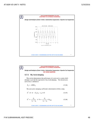 AT 6604 VD UNIT II NOTES 5/19/2016
P M SUBRAMANIAN, ASST PROF,REC 48
RAJALAKSHMI ENGINEERING COLLEGE
DEPARTMENT OF AUTOMOBILE ENGINEERING
AT 6604 VD UNIT III - P.M SUBRAMANIAN, ASST PROF, DEPT OF AUE, REC,CHENNAI 95
Design and Analysis of Semi Active Automotive Suspensions –Quarter Car Suspension
RAJALAKSHMI ENGINEERING COLLEGE
DEPARTMENT OF AUTOMOBILE ENGINEERING
AT 6604 VD UNIT III - P.M SUBRAMANIAN, ASST PROF, DEPT OF AUE, REC,CHENNAI 96
Design and Analysis of Semi Active Automotive Suspensions –Quarter Car Suspension
SKY HOOK DAMPING
 