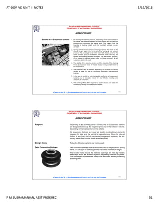 AT 6604 VD UNIT II NOTES 5/19/2016
P M SUBRAMANIAN, ASST PROF,REC 51
RAJALAKSHMI ENGINEERING COLLEGE
DEPARTMENT OF AUTOMOBILE ENGINEERING
AT 6604 VD UNIT III - P.M SUBRAMANIAN, ASST PROF, DEPT OF AUE, REC,CHENNAI 101
AIR SUSPENSION
RAJALAKSHMI ENGINEERING COLLEGE
DEPARTMENT OF AUTOMOBILE ENGINEERING
AT 6604 VD UNIT III - P.M SUBRAMANIAN, ASST PROF, DEPT OF AUE, REC,CHENNAI 102
AIR SUSPENSION
 