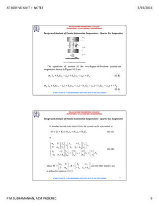 AT 6604 VD UNIT II NOTES 5/19/2016
P M SUBRAMANIAN, ASST PROF,REC 9
RAJALAKSHMI ENGINEERING COLLEGE
DEPARTMENT OF AUTOMOBILE ENGINEERING
AT 6604 VD UNIT III - P.M SUBRAMANIAN, ASST PROF, DEPT OF AUE, REC,CHENNAI 17
Design and Analysis of Passive Automotive Suspensions – Quarter Car Suspension
RAJALAKSHMI ENGINEERING COLLEGE
DEPARTMENT OF AUTOMOBILE ENGINEERING
AT 6604 VD UNIT III - P.M SUBRAMANIAN, ASST PROF, DEPT OF AUE, REC,CHENNAI 18
Design and Analysis of Passive Automotive Suspensions – Quarter Car Suspension
 