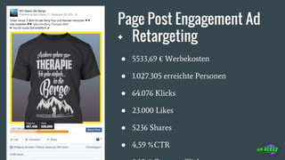 Page Post Engagement Ad
+ Retargeting
● 5533,69 € Werbekosten
● 1.027.305 erreichte Personen
● 64.076 Klicks
● 23.000 Likes
● 5236 Shares
● 4,59 %CTR
 