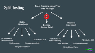 Split Testing
Ernst Kuzorra seine Frau
ihre Anzeige
Desktop
(Newsfeed)
Mobile
(Newsfeed) Desktop
(Rechte Seite)
Rudi Assauer
Königsblauer Planet
Knappenschmiede
FC Schalke 04 II
FC Schalke 04
Fan-Community
Rudi Assauer
Königsblauer Planet
Knappenschmiede
FC Schalke 04 II
FC Schalke 04
Fan-Community
 