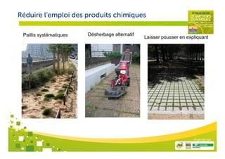 Réduire l’emploi des produits chimiques

 Paillis systématiques   Désherbage alternatif
                                                 Laisser pousser en expliquant




                                                                       Organisé par
 