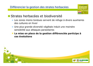 Différencier la gestion des strates herbacées


Strates herbacées et biodiversité
   Les zones moins tondues servent de refuge à divers auxiliaires
   des cultures en hiver
   Une plus grande diversité végétale induit une moindre
   sensibilité aux attaques parasitaires
   La mise en place de la gestion différenciée participe à
   ces évolutions




                                                             Organisé par
 