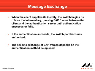 Message Exchange

         •     When the client supplies its identity, the switch begins its
               role as the intermediary, passing EAP frames between the
               client and the authentication server until authentication
               succeeds or fails.

         •     If the authentication succeeds, the switch port becomes
               authorized.

         •     The specific exchange of EAP frames depends on the
               authentication method being used.




Marvell Confidential
 