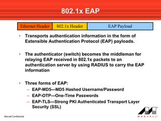 802.1x EAP
                Ethernet Header      802.1x Header            EAP Payload

              •        Transports authentication information in the form of
                       Extensible Authentication Protocol (EAP) payloads.

              •        The authenticator (switch) becomes the middleman for
                       relaying EAP received in 802.1x packets to an
                       authentication server by using RADIUS to carry the EAP
                       information

              •        Three forms of EAP:
                        – EAP-MD5—MD5 Hashed Username/Password
                        – EAP-OTP—One-Time Passwords
                        – EAP-TLS—Strong PKI Authenticated Transport Layer
                          Security (SSL)

Marvell Confidential
 
