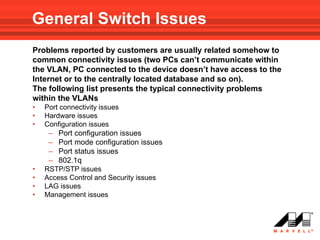 General Switch Issues
Problems reported by customers are usually related somehow to
common connectivity issues (two PCs can’t communicate within
the VLAN, PC connected to the device doesn’t have access to the
Internet or to the centrally located database and so on).
The following list presents the typical connectivity problems
within the VLANs
•   Port connectivity issues
•   Hardware issues
•   Configuration issues
     –   Port configuration issues
     –   Port mode configuration issues
     –   Port status issues
     –   802.1q
•   RSTP/STP issues
•   Access Control and Security issues
•   LAG issues
•   Management issues
 
