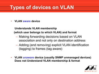Types of devices on VLAN

•   VLAN aware device

     Understands VLAN membership
    (which user belongs to which VLAN) and format
     – Making forwarding decisions based on VLAN
       association and not only on destination address
     – Adding (and removing) explicit VLAN identification
       (tagging) to frames (tag aware)

•   VLAN unaware device (usually SNMP unmanaged devices)
    Does not Understand VLAN membership & format
 
