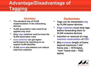 Advantage/Disadvantage of
Tagging
               Advantages                            Disadvantages
•   The standard way of VLAN              •   Tags can be interpreted only
    implementation in the networking          by VLAN aware devices
    devices
•   VLAN association rules need to be
                                          •   Edge switches must strip tags
    applied only once                         before forwarding them to
•   Only edge switches need to know the
                                              VLAN unaware devices
    VLAN association rules                •   Insertion or removal of a tag
•   Core switches can get higher              requires recalculation of CRC
    performance by operating on an        •   May increase length of frame
    explicit VLAN identifier                  beyond maximum (“old”
•   VLAN aware end stations can reduce        frame size – 1518 bytes,
    load from switches                        “new” frame size – 1522
                                              bytes)
 