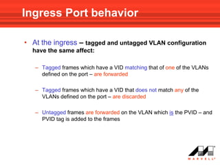 Ingress Port behavior

• At the ingress – tagged and untagged VLAN configuration
  have the same affect:

   – Tagged frames which have a VID matching that of one of the VLANs
     defined on the port – are forwarded

   – Tagged frames which have a VID that does not match any of the
     VLANs defined on the port – are discarded

   – Untagged frames are forwarded on the VLAN which is the PVID – and
     PVID tag is added to the frames
 