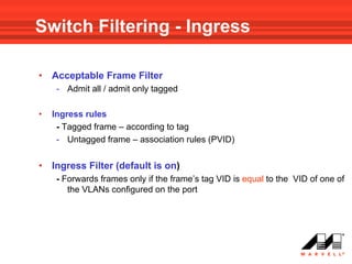Switch Filtering - Ingress

•   Acceptable Frame Filter
     - Admit all / admit only tagged

•   Ingress rules
     - Tagged frame – according to tag
     - Untagged frame – association rules (PVID)


•   Ingress Filter (default is on)
     - Forwards frames only if the frame’s tag VID is equal to the VID of one of
        the VLANs configured on the port
 
