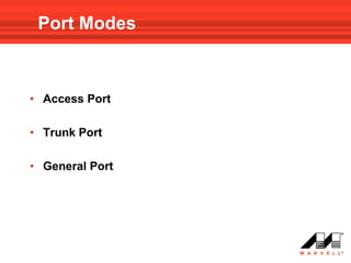 Port Modes



• Access Port

• Trunk Port

• General Port
 
