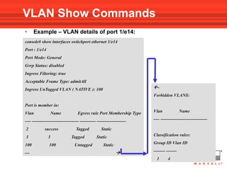 VLAN Show Commands
•     Example – VLAN details of port 1/e14:
console# show interfaces switchport ethernet 1/e14
Port : 1/e14
Port Mode: General
Gvrp Status: disabled
Ingress Filtering: true
Acceptable Frame Type: admitAll
Ingress UnTagged VLAN ( NATIVE ): 100                                    -
                                                                         Forbidden VLANS:

Port is member in:
Vlan                Name            Egress rule Port Membership Type     Vlan               Name

---- -------------------------------- ----------- --------------------   ---- --------------------------------

2            success               Tagged           Static
3               3               Tagged           Static                  Classification rules:

100             100               Untagged            Static             Group ID Vlan ID

---                                                                     -------- -------
                                                                           1      4
 