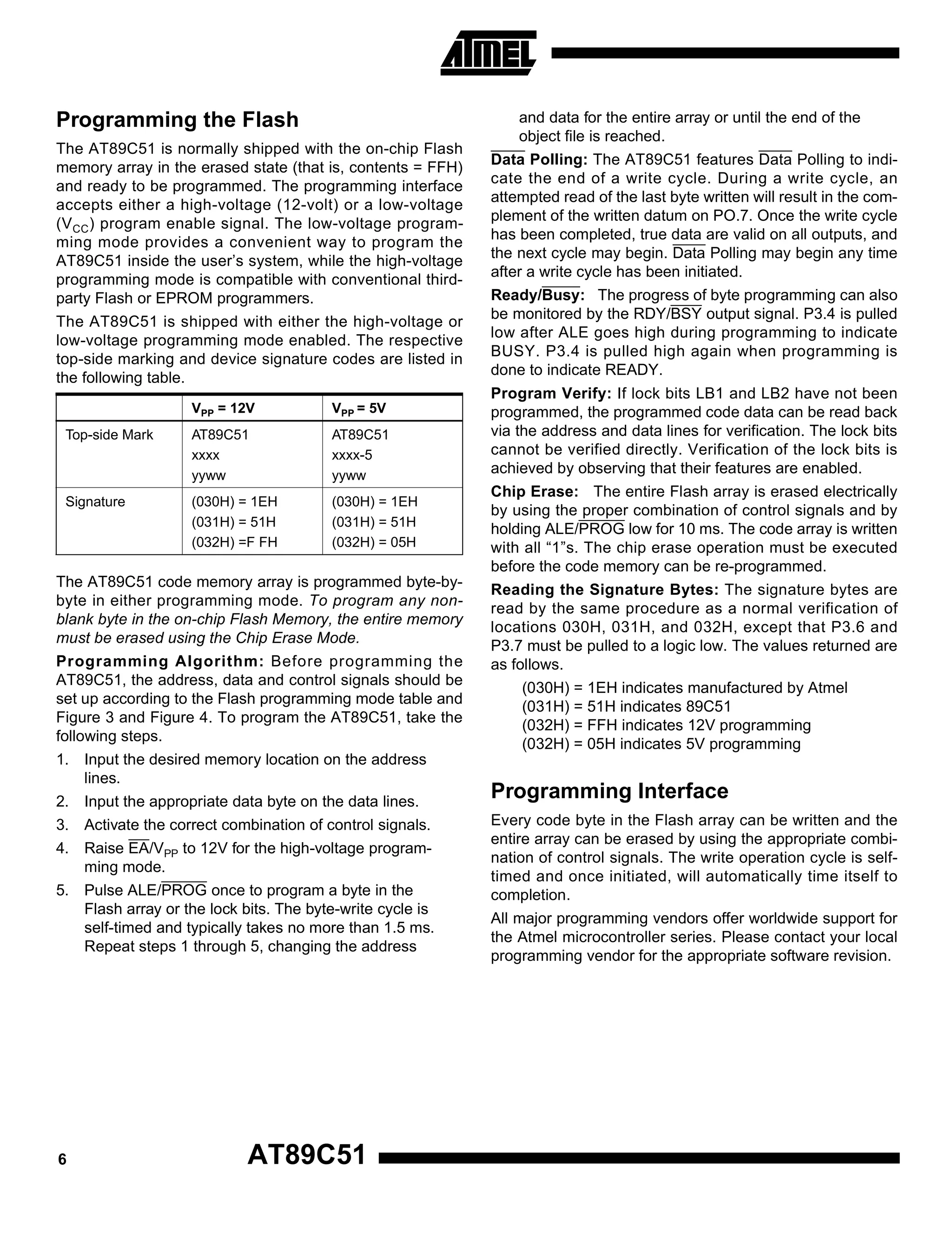 Programming the Flash
The AT89C51 is normally shipped with the on-chip Flash
memory array in the erased state (that is, contents = FFH)
and ready to be programmed. The programming interface
accepts either a high-voltage (12-volt) or a low-voltage
(V CC ) program enable signal. The low-voltage programming mode provides a convenient way to program the
AT89C51 inside the user’s system, while the high-voltage
programming mode is compatible with conventional thirdparty Flash or EPROM programmers.
The AT89C51 is shipped with either the high-voltage or
low-voltage programming mode enabled. The respective
top-side marking and device signature codes are listed in
the following table.
VPP = 12V

VPP = 5V

Top-side Mark

AT89C51
xxxx
yyww

AT89C51
xxxx-5
yyww

Signature

(030H) = 1EH
(031H) = 51H
(032H) =F FH

(030H) = 1EH
(031H) = 51H
(032H) = 05H

The AT89C51 code memory array is programmed byte-bybyte in either programming mode. To program any nonblank byte in the on-chip Flash Memory, the entire memory
must be erased using the Chip Erase Mode.
Programming Algorithm: Before programming the
AT89C51, the address, data and control signals should be
set up according to the Flash programming mode table and
Figure 3 and Figure 4. To program the AT89C51, take the
following steps.
1. Input the desired memory location on the address
lines.
2. Input the appropriate data byte on the data lines.
3. Activate the correct combination of control signals.
4. Raise EA/VPP to 12V for the high-voltage programming mode.
5. Pulse ALE/PROG once to program a byte in the
Flash array or the lock bits. The byte-write cycle is
self-timed and typically takes no more than 1.5 ms.
Repeat steps 1 through 5, changing the address

6

AT89C51

and data for the entire array or until the end of the
object file is reached.
Data Polling: The AT89C51 features Data Polling to indicate the end of a write cycle. During a write cycle, an
attempted read of the last byte written will result in the complement of the written datum on PO.7. Once the write cycle
has been completed, true data are valid on all outputs, and
the next cycle may begin. Data Polling may begin any time
after a write cycle has been initiated.
Ready/Busy: The progress of byte programming can also
be monitored by the RDY/BSY output signal. P3.4 is pulled
low after ALE goes high during programming to indicate
BUSY. P3.4 is pulled high again when programming is
done to indicate READY.
Program Verify: If lock bits LB1 and LB2 have not been
programmed, the programmed code data can be read back
via the address and data lines for verification. The lock bits
cannot be verified directly. Verification of the lock bits is
achieved by observing that their features are enabled.
Chip Erase: The entire Flash array is erased electrically
by using the proper combination of control signals and by
holding ALE/PROG low for 10 ms. The code array is written
with all “1”s. The chip erase operation must be executed
before the code memory can be re-programmed.
Reading the Signature Bytes: The signature bytes are
read by the same procedure as a normal verification of
locations 030H, 031H, and 032H, except that P3.6 and
P3.7 must be pulled to a logic low. The values returned are
as follows.
(030H) = 1EH indicates manufactured by Atmel
(031H) = 51H indicates 89C51
(032H) = FFH indicates 12V programming
(032H) = 05H indicates 5V programming

Programming Interface
Every code byte in the Flash array can be written and the
entire array can be erased by using the appropriate combination of control signals. The write operation cycle is selftimed and once initiated, will automatically time itself to
completion.
All major programming vendors offer worldwide support for
the Atmel microcontroller series. Please contact your local
programming vendor for the appropriate software revision.

 