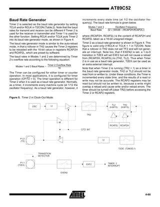 AT89C52
Baud Rate Generator
Timer 2 is selected as the baud rate generator by setting
TCLK and/or RCLK in T2CON (Table 2). Note that the baud
rates for transmit and receive can be different if Timer 2 is
used for the receiver or transmitter and Timer 1 is used for
the other function. Setting RCLK and/or TCLK puts Timer 2
into its baud rate generator mode, as shown in Figure 4.
The baud rate generator mode is similar to the auto-reload
mode, in that a rollover in TH2 causes the Timer 2 registers
to be reloaded with the 16-bit value in registers RCAP2H
and RCAP2L, which are preset by software.
The baud rates in Modes 1 and 3 are determined by Timer
2’s overflow rate according to the following equation.
Timer 2 Overflow Rate
Modes 1 and 3 Baud Rates = ----------------------------------------------------------16

The Timer can be configured for either timer or counter
operation. In most applications, it is configured for timer
operation (CP/T2 = 0). The timer operation is different for
Timer 2 when it is used as a baud rate generator. Normally,
as a timer, it increments every machine cycle (at 1/12 the
oscillator frequency). As a baud rate generator, however, it

increments every state time (at 1/2 the oscillator frequency). The baud rate formula is given below.
Oscillator Frequency
Modes 1 and 3
-------------------------------------- = --------------------------------------------------------------------------------------------32 × [ 65536 – (RCAP2H,RCAP2L) ]
Baud Rate

where (RCAP2H, RCAP2L) is the content of RCAP2H and
RCAP2L taken as a 16-bit unsigned integer.
Timer 2 as a baud rate generator is shown in Figure 4. This
figure is valid only if RCLK or TCLK = 1 in T2CON. Note
that a rollover in TH2 does not set TF2 and will not generate an interrupt. Note too, that if EXEN2 is set, a 1-to-0
transition in T2EX will set EXF2 but will not cause a reload
from (RCAP2H, RCAP2L) to (TH2, TL2). Thus when Timer
2 is in use as a baud rate generator, T2EX can be used as
an extra external interrupt.
Note that when Timer 2 is running (TR2 = 1) as a timer in
the baud rate generator mode, TH2 or TL2 should not be
read from or written to. Under these conditions, the Timer is
incremented every state time, and the results of a read or
write may not be accurate. The RCAP2 registers may be
read but should not be written to, because a write might
overlap a reload and cause write and/or reload errors. The
timer should be turned off (clear TR2) before accessing the
Timer 2 or RCAP2 registers.

Figure 5. Timer 2 in Clock-Out Mode
TL2
(8-BITS)

÷2

TH2
(8-BITS)

RCAP2L

OSC

RCAP2H

TR2

C/T2 BIT

P1.0
(T2)

÷2

T2OE (T2MOD.1)
TRANSITION
DETECTOR
P1.1
(T2EX)

EXF2

TIMER 2
INTERRUPT

EXEN2

4-69

 