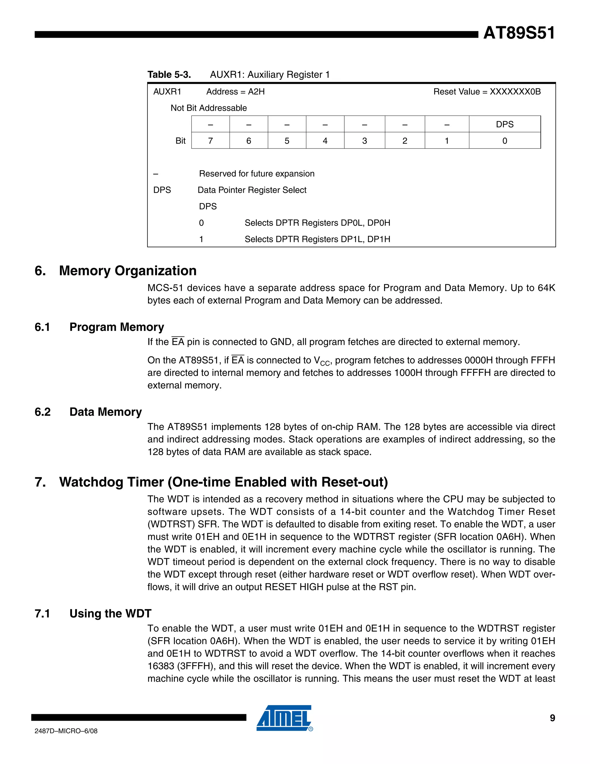 AT89S51
Table 5-3.

AUXR1: Auxiliary Register 1

AUXR1

Address = A2H

Reset Value = XXXXXXX0B

Not Bit Addressable
–

–

–

–

–

–

DPS

7

Bit

–
6

5

4

3

2

1

0

–

Reserved for future expansion

DPS

Data Pointer Register Select
DPS
0

Selects DPTR Registers DP0L, DP0H

1

Selects DPTR Registers DP1L, DP1H

6. Memory Organization
MCS-51 devices have a separate address space for Program and Data Memory. Up to 64K
bytes each of external Program and Data Memory can be addressed.

6.1

Program Memory
If the EA pin is connected to GND, all program fetches are directed to external memory.
On the AT89S51, if EA is connected to VCC, program fetches to addresses 0000H through FFFH
are directed to internal memory and fetches to addresses 1000H through FFFFH are directed to
external memory.

6.2

Data Memory
The AT89S51 implements 128 bytes of on-chip RAM. The 128 bytes are accessible via direct
and indirect addressing modes. Stack operations are examples of indirect addressing, so the
128 bytes of data RAM are available as stack space.

7. Watchdog Timer (One-time Enabled with Reset-out)
The WDT is intended as a recovery method in situations where the CPU may be subjected to
software upsets. The WDT consists of a 14-bit counter and the Watchdog Timer Reset
(WDTRST) SFR. The WDT is defaulted to disable from exiting reset. To enable the WDT, a user
must write 01EH and 0E1H in sequence to the WDTRST register (SFR location 0A6H). When
the WDT is enabled, it will increment every machine cycle while the oscillator is running. The
WDT timeout period is dependent on the external clock frequency. There is no way to disable
the WDT except through reset (either hardware reset or WDT overflow reset). When WDT overflows, it will drive an output RESET HIGH pulse at the RST pin.

7.1

Using the WDT
To enable the WDT, a user must write 01EH and 0E1H in sequence to the WDTRST register
(SFR location 0A6H). When the WDT is enabled, the user needs to service it by writing 01EH
and 0E1H to WDTRST to avoid a WDT overflow. The 14-bit counter overflows when it reaches
16383 (3FFFH), and this will reset the device. When the WDT is enabled, it will increment every
machine cycle while the oscillator is running. This means the user must reset the WDT at least

9
2487D–MICRO–6/08

 