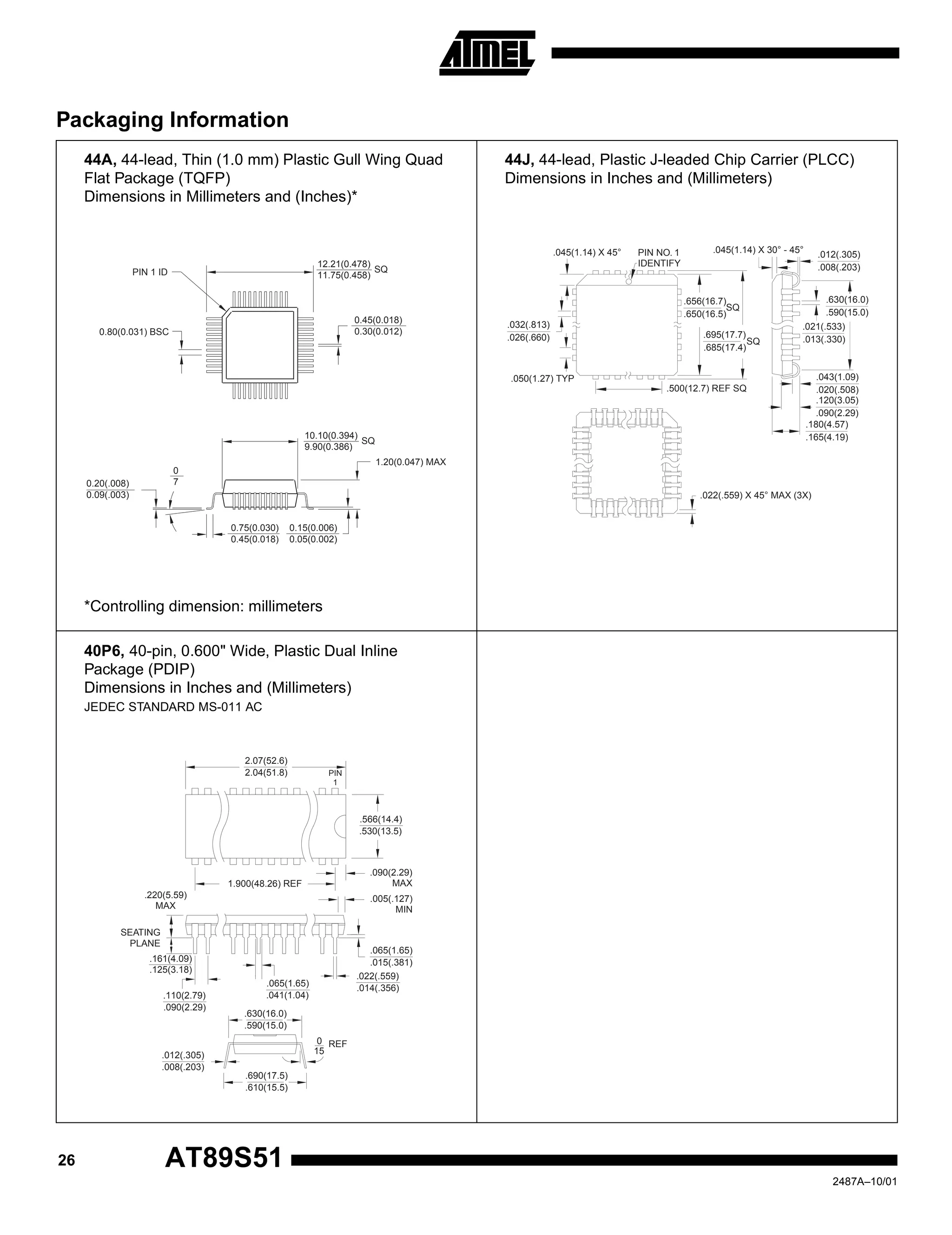 Packaging Information
26 AT89S51
2487A–10/01
*Controlling dimension: millimeters
1.20(0.047) MAX
10.10(0.394)
9.90(0.386)
SQ
12.21(0.478)
11.75(0.458)
SQ
0.75(0.030)
0.45(0.018)
0.15(0.006)
0.05(0.002)
0.20(.008)
0.09(.003)
0
7
0.80(0.031) BSC
PIN 1 ID
0.45(0.018)
0.30(0.012)
.045(1.14) X 45° PIN NO. 1
IDENTIFY
.045(1.14) X 30° - 45° .012(.305)
.008(.203)
.021(.533)
.013(.330)
.630(16.0)
.590(15.0)
.043(1.09)
.020(.508)
.120(3.05)
.090(2.29)
.180(4.57)
.165(4.19)
.500(12.7) REF SQ
.032(.813)
.026(.660)
.050(1.27) TYP
.022(.559) X 45° MAX (3X)
.656(16.7)
.650(16.5)
.695(17.7)
.685(17.4)
SQ
SQ
2.07(52.6)
2.04(51.8) PIN
1
.566(14.4)
.530(13.5)
.090(2.29)
MAX
.005(.127)
MIN
.065(1.65)
.015(.381)
.022(.559)
.014(.356).065(1.65)
.041(1.04)
0
15
REF
.690(17.5)
.610(15.5)
.630(16.0)
.590(15.0)
.012(.305)
.008(.203)
.110(2.79)
.090(2.29)
.161(4.09)
.125(3.18)
SEATING
PLANE
.220(5.59)
MAX
1.900(48.26) REF
44A, 44-lead, Thin (1.0 mm) Plastic Gull Wing Quad
Flat Package (TQFP)
Dimensions in Millimeters and (Inches)*
44J, 44-lead, Plastic J-leaded Chip Carrier (PLCC)
Dimensions in Inches and (Millimeters)
40P6, 40-pin, 0.600" Wide, Plastic Dual Inline
Package (PDIP)
Dimensions in Inches and (Millimeters)
JEDEC STANDARD MS-011 AC
 
