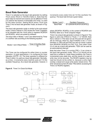 AT89S52
Baud Rate Generator
Timer 2 is selected as the baud rate generator by setting
TCLK and/or RCLK in T2CON (Table 2). Note that the
baud rates for transmit and receive can be different if Timer
2 is used for the receiver or transmitter and Timer 1 is used
for the other function. Setting RCLK and/or TCLK puts
Timer 2 into its baud rate generator mode, as shown in Figure 8.
The baud rate generator mode is similar to the auto-reload
mode, in that a rollover in TH2 causes the Timer 2 registers
to be reloaded with the 16-bit value in registers RCAP2H
and RCAP2L, which are preset by software.
The baud rates in Modes 1 and 3 are determined by Timer
2’s overflow rate according to the following equation.

Timer 2 Overflow Rate
Modes 1 and 3 Baud Rates = ----------------------------------------------------------16

The Timer can be configured for either timer or counter
operation. In most applications, it is configured for timer
operation (CP/T2 = 0). The timer operation is different for
Timer 2 when it is used as a baud rate generator. Normally,
as a timer, it increments every machine cycle (at 1/12 the
oscillator frequency). As a baud rate generator, however, it

increments every state time (at 1/2 the oscillator frequency). The baud rate formula is given below.

Modes 1 and 3
Oscillator Frequency
-------------------------------------- = ------------------------------------------------------------------------------------Baud Rate
32 x [65536-RCAP2H,RCAP2L)]

where (RCAP2H, RCAP2L) is the content of RCAP2H and
RCAP2L taken as a 16-bit unsigned integer.
Timer 2 as a baud rate generator is shown in Figure 8. This
figure is valid only if RCLK or TCLK = 1 in T2CON. Note
that a rollover in TH2 does not set TF2 and will not generate an interrupt. Note too, that if EXEN2 is set, a 1-to-0
transition in T2EX will set EXF2 but will not cause a reload
from (RCAP2H, RCAP2L) to (TH2, TL2). Thus, when Timer
2 is in use as a baud rate generator, T2EX can be used as
an extra external interrupt.
Note that when Timer 2 is running (TR2 = 1) as a timer in
the baud rate generator mode, TH2 or TL2 should not be
read from or written to. Under these conditions, the Timer is
incremented every state time, and the results of a read or
write may not be accurate. The RCAP2 registers may be
read but should not be written to, because a write might
overlap a reload and cause write and/or reload errors. The
timer should be turned off (clear TR2) before accessing the
Timer 2 or RCAP2 registers.

Figure 9. Timer 2 in Clock-Out Mode
OSC

TL2
(8-BITS)

÷2

TH2
(8-BITS)

TR2

RCAP2L RCAP2H
C/T2 BIT

P1.0
(T2)

÷2

T2OE (T2MOD.1)
TRANSITION
DETECTOR
P1.1
(T2EX)

EXF2

TIMER 2
INTERRUPT

EXEN2

13

 