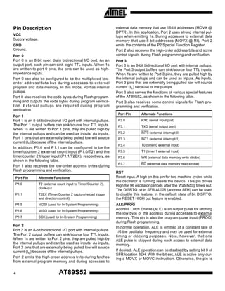 Pin Description
VCC
Supply voltage.
GND
Ground.
Port 0
Port 0 is an 8-bit open drain bidirectional I/O port. As an
output port, each pin can sink eight TTL inputs. When 1s
are written to port 0 pins, the pins can be used as highimpedance inputs.
Port 0 can also be configured to be the multiplexed loworder address/data bus during accesses to external
program and data memory. In this mode, P0 has internal
pullups.
Port 0 also receives the code bytes during Flash programming and outputs the code bytes during program verification. External pullups are required during program
verification.
Port 1
Port 1 is an 8-bit bidirectional I/O port with internal pullups.
The Port 1 output buffers can sink/source four TTL inputs.
When 1s are written to Port 1 pins, they are pulled high by
the internal pullups and can be used as inputs. As inputs,
Port 1 pins that are externally being pulled low will source
current (IIL) because of the internal pullups.
In addition, P1.0 and P1.1 can be configured to be the
timer/counter 2 external count input (P1.0/T2) and the
timer/counter 2 trigger input (P1.1/T2EX), respectively, as
shown in the following table.
Port 1 also receives the low-order address bytes during
Flash programming and verification.
Port Pin

Alternate Functions

P1.0

T2 (external count input to Timer/Counter 2),
clock-out

P1.1

T2EX (Timer/Counter 2 capture/reload trigger
and direction control)

P1.5

MOSI (used for In-System Programming)

P1.6

MISO (used for In-System Programming)

P1.7

SCK (used for In-System Programming)

Port 2
Port 2 is an 8-bit bidirectional I/O port with internal pullups.
The Port 2 output buffers can sink/source four TTL inputs.
When 1s are written to Port 2 pins, they are pulled high by
the internal pullups and can be used as inputs. As inputs,
Port 2 pins that are externally being pulled low will source
current (IIL) because of the internal pullups.
Port 2 emits the high-order address byte during fetches
from external program memory and during accesses to
4

AT89S52

external data memory that use 16-bit addresses (MOVX @
DPTR). In this application, Port 2 uses strong internal pullups when emitting 1s. During accesses to external data
memory that use 8-bit addresses (MOVX @ RI), Port 2
emits the contents of the P2 Special Function Register.
Port 2 also receives the high-order address bits and some
control signals during Flash programming and verification.
Port 3
Port 3 is an 8-bit bidirectional I/O port with internal pullups.
The Port 3 output buffers can sink/source four TTL inputs.
When 1s are written to Port 3 pins, they are pulled high by
the internal pullups and can be used as inputs. As inputs,
Port 3 pins that are externally being pulled low will source
current (IIL) because of the pullups.
Port 3 also serves the functions of various special features
of the AT89S52, as shown in the following table.
Port 3 also receives some control signals for Flash programming and verification.
Port Pin

Alternate Functions

P3.0

RXD (serial input port)

P3.1

TXD (serial output port)

P3.2

INT0 (external interrupt 0)

P3.3

INT1 (external interrupt 1)

P3.4

T0 (timer 0 external input)

P3.5

T1 (timer 1 external input)

P3.6

WR (external data memory write strobe)

P3.7

RD (external data memory read strobe)

RST
Reset input. A high on this pin for two machine cycles while
the oscillator is running resets the device. This pin drives
High for 96 oscillator periods after the Watchdog times out.
The DISRTO bit in SFR AUXR (address 8EH) can be used
to disable this feature. In the default state of bit DISRTO,
the RESET HIGH out feature is enabled.
ALE/PROG
Address Latch Enable (ALE) is an output pulse for latching
the low byte of the address during accesses to external
memory. This pin is also the program pulse input (PROG)
during Flash programming.
In normal operation, ALE is emitted at a constant rate of
1/6 the oscillator frequency and may be used for external
timing or clocking purposes. Note, however, that one
ALE pulse is skipped during each access to external data
memory.
If desired, ALE operation can be disabled by setting bit 0 of
SFR location 8EH. With the bit set, ALE is active only during a MOVX or MOVC instruction. Otherwise, the pin is

 
