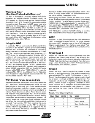 AT89S52
Watchdog Timer
(One-time Enabled with Reset-out)
The WDT is intended as a recovery method in situations
where the CPU may be subjected to software upsets. The
WDT consists of a 13-bit counter and the Watchdog Timer
Reset (WDTRST) SFR. The WDT is defaulted to disable
from exiting reset. To enable the WDT, a user must write
01EH and 0E1H in sequence to the WDTRST register
(SFR location 0A6H). When the WDT is enabled, it will
increment every machine cycle while the oscillator is running. The WDT timeout period is dependent on the external
clock frequency. There is no way to disable the WDT
except through reset (either hardware reset or WDT overflow reset). When WDT overflows, it will drive an output
RESET HIGH pulse at the RST pin.

Using the WDT
To enable the WDT, a user must write 01EH and 0E1H in
sequence to the WDTRST register (SFR location 0A6H).
When the WDT is enabled, the user needs to service it by
writing 01EH and 0E1H to WDTRST to avoid a WDT overflow. The 13-bit counter overflows when it reaches 8191
(1FFFH), and this will reset the device. When the WDT is
enabled, it will increment every machine cycle while the
oscillator is running. This means the user must reset the
WDT at least every 8191 machine cycles. To reset the
WDT the user must write 01EH and 0E1H to WDTRST.
WDTRST is a write-only register. The WDT counter cannot
be read or written. When WDT overflows, it will generate an
output RESET pulse at the RST pin. The RESET pulse
duration is 96xTOSC, where TOSC=1/FOSC. To make the
best use of the WDT, it should be serviced in those sections of code that will periodically be executed within the
time required to prevent a WDT reset.

WDT During Power-down and Idle
In Power-down mode the oscillator stops, which means the
WDT also stops. While in Power-down mode, the user
does not need to service the WDT. There are two methods
of exiting Power-down mode: by a hardware reset or via a
level-activated external interrupt which is enabled prior to
entering Power-down mode. When Power-down is exited
with hardware reset, servicing the WDT should occur as it
normally does whenever the AT89S52 is reset. Exiting
Power-down with an interrupt is significantly different. The
interrupt is held low long enough for the oscillator to stabilize. When the interrupt is brought high, the interrupt is
serviced. To prevent the WDT from resetting the device
while the interrupt pin is held low, the WDT is not started
until the interrupt is pulled high. It is suggested that the
WDT be reset during the interrupt service for the interrupt
used to exit Power-down mode.

To ensure that the WDT does not overflow within a few
states of exiting Power-down, it is best to reset the WDT
just before entering Power-down mode.
Before going into the IDLE mode, the WDIDLE bit in SFR
AUXR is used to determine whether the WDT continues to
count if enabled. The WDT keeps counting during IDLE
(WDIDLE bit = 0) as the default state. To prevent the WDT
from resetting the AT89S52 while in IDLE mode, the user
should always set up a timer that will periodically exit IDLE,
service the WDT, and reenter IDLE mode.
With WDIDLE bit enabled, the WDT will stop to count in
IDLE mode and resumes the count upon exit from IDLE.

UART
The UART in the AT89S52 operates the same way as the
UART in the AT89C51 and AT89C52. For further information on the UART operation, refer to the ATMEL Web site
(http://www.atmel.com). From the home page, select ‘Products’, then ‘8051-Architecture Flash Microcontroller’, then
‘Product Overview’.

Timer 0 and 1
Timer 0 and Timer 1 in the AT89S52 operate the same way
as Timer 0 and Timer 1 in the AT89C51 and AT89C52. For
further information on the timers’ operation, refer to the
ATMEL Web site (http://www.atmel.com). From the home
page, select ‘Products’, then ‘8051-Architecture Flash
Microcontroller’, then ‘Product Overview’.

Timer 2
Timer 2 is a 16-bit Timer/Counter that can operate as either
a timer or an event counter. The type of operation is
selected by bit C/T2 in the SFR T2CON (shown in Table 2).
Timer 2 has three operating modes: capture, auto-reload
(up or down counting), and baud rate generator. The
modes are selected by bits in T2CON, as shown in Table 3.
Timer 2 consists of two 8-bit registers, TH2 and TL2. In the
Timer function, the TL2 register is incremented every
machine cycle. Since a machine cycle consists of 12 oscillator periods, the count rate is 1/12 of the oscillator
frequency.
Table 3. Timer 2 Operating Modes
RCLK +TCLK

CP/RL2

TR2

MODE

0

0

1

16-bit Auto-reload

0

1

1

16-bit Capture

1

X

1

Baud Rate Generator

X

X

0

(Off)

9

 