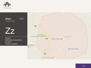 Mapa
Primera Tarea
Zz
01
Desarrollo
15
Zaruma
Patrimonio Cultural del
Ecuador
Turismo Histótico
 