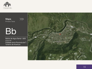 Mapa
Primera Tarea
Bb
01
Desarrollo
15
Baños de Agua Santa 1.820
m.s.n.m
Poblado de la Provincia de T.
Turismo de Aventura
 