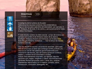Directrices
Primera Tarea
5
Gruta Playa
rismo Comunitario Iglesia
Monumento Centro de Interpretación
6
DADES TURÍSTICAS
Caminata Fogata Camping
IO DE APOYO
Alojamiento Restaurante Parque Temático
7!
7!
Investiga la oferta turística de Ecuador
Selecciona los recursos turísticos más emblemáticos
Elige un recurso para cada letra del abecedario  por ejemplo: A
de  Antisana, B de bote, C de centro, y así sucesivamente hasta
la letra Z de Zapara.
A cada recurso turístico se debe asociar  un tipo de turismo por
ejemplo con la letra A de Antisana volcán de la reserva
Ecológica Antisana (Turismo de Aventura), con la letra B de
Bote Morgan (Turismo recreativo) ….. Con la letra Z de Zapara
(turismo Cultural)
Una vez elegido el recurso y el producto asociado, para cada
letra se preparará un texto que contenga: la letra, el título y la
descripción de 50-100 palabras aproximadamente (con
información del recurso, tipo de turismo (producto turístico),
destino y nombre de la Comunidad o ciudad).
Incluye otros elementos originales, por ejemplo, algunas
opciones son: mapas, imágenes o vídeos, recomendaciones
generales (fechas apropiadas para ir, clima, etc.), enlaces
interesantes relacionados con el destino, portada, índice,
introducción, conclusión, bibliografía, etc.
 