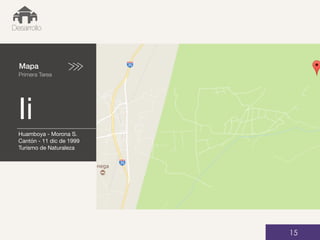 Mapa
Primera Tarea
Ii
01
Desarrollo
15
Huamboya - Morona S.
Cantón - 11 dic de 1999
Turismo de Naturaleza
 