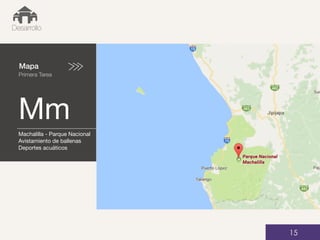 Mapa
Primera Tarea
Mm
01
Desarrollo
15
Machalilla - Parque Nacional
Avistamiento de ballenas
Deportes acuáticos
 