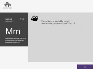 Nexos
Generales
Mm
01
Desarrollo
17
Parque Nacional Machallilla: https://
www.youtube.com/watch?v=qAZidCthbcA
Machalilla - Parque Nacional
Avistamiento de ballenas
Deportes acuáticos
 