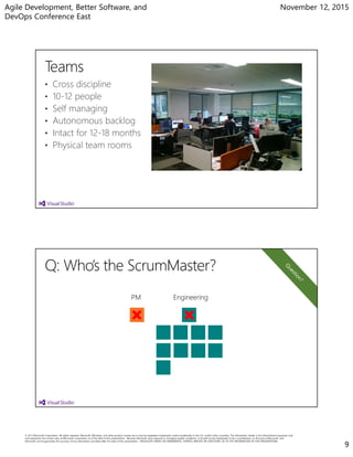 Agile Development, Better Software, and
DevOps Conference East
November 12, 2015
9
• Cross discipline
• 10-12 people
• Self managing
• Autonomous backlog
• Intact for 12-18 months
• Physical team rooms
PM Engineering
 