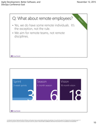 Agile Development, Better Software, and
DevOps Conference East
November 12, 2015
10
• Yes, we do have some remote individuals. It’s
the exception, not the rule.
• We aim for remote teams, not remote
disciplines.
Sprint
3-week sprints
Season
6 month season
Vision
18 month vision
 