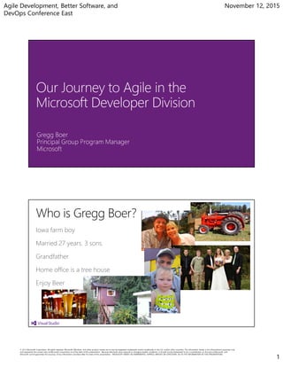 Agile Development, Better Software, and
DevOps Conference East
November 12, 2015
1
Iowa farm boy
Married 27 years. 3 sons.
Grandfather
Home office is a tree house
Enjoy Beer
 