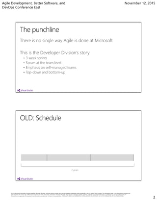 Agile Development, Better Software, and
DevOps Conference East
November 12, 2015
2
There is no single way Agile is done at Microsoft
This is the Developer Division’s story
• 3 week sprints
• Scrum at the team level
• Emphasis on self-managed teams
• Top-down and bottom-up
2 years
 