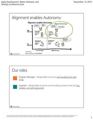 Agile Development, Better Software, and
DevOps Conference East
November 12, 2015
7
http://vimeo.com/85490944
Program Manager – Responsible to ensure we’re building the right
thing.
Engineer – Responsible to ensure we’re building products that are fast,
reliable, and well engineered.
 