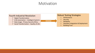 Motivation
Fourth Industrial Revolution
 Digital Transformation
 AI & Automation – Intelligent Systems
 Data Usage - Privacy Security Ethics
 Social Transformation – Quality of Life
Robust Testing Strategies
o Performance
o Security
o Reliability
o Seamless Integration & Deployment
o Building Trust
DEMAND
 
