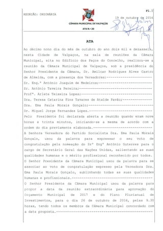 Câmara Municipal de Valpaços - Ata 20   2016 de 19 de outubro