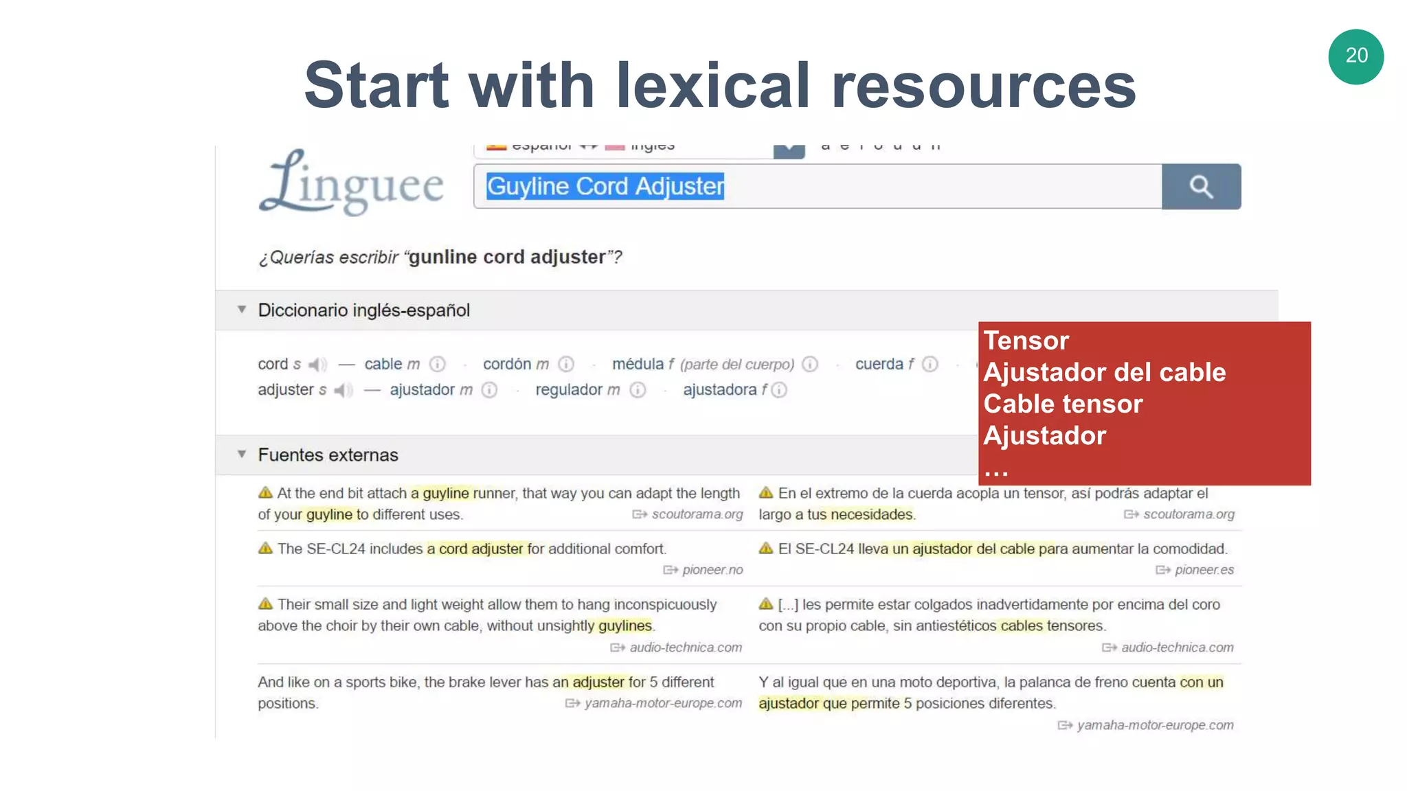 20
Start with lexical resources
Tensor
Ajustador del cable
Cable tensor
Ajustador
…
 
