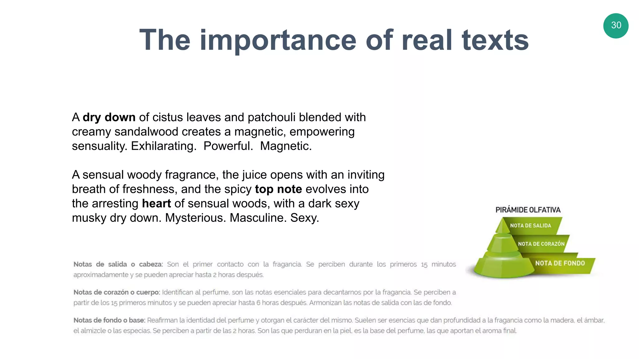 30
A dry down of cistus leaves and patchouli blended with
creamy sandalwood creates a magnetic, empowering
sensuality. Exhilarating. Powerful. Magnetic.
A sensual woody fragrance, the juice opens with an inviting
breath of freshness, and the spicy top note evolves into
the arresting heart of sensual woods, with a dark sexy
musky dry down. Mysterious. Masculine. Sexy.
The importance of real texts
 