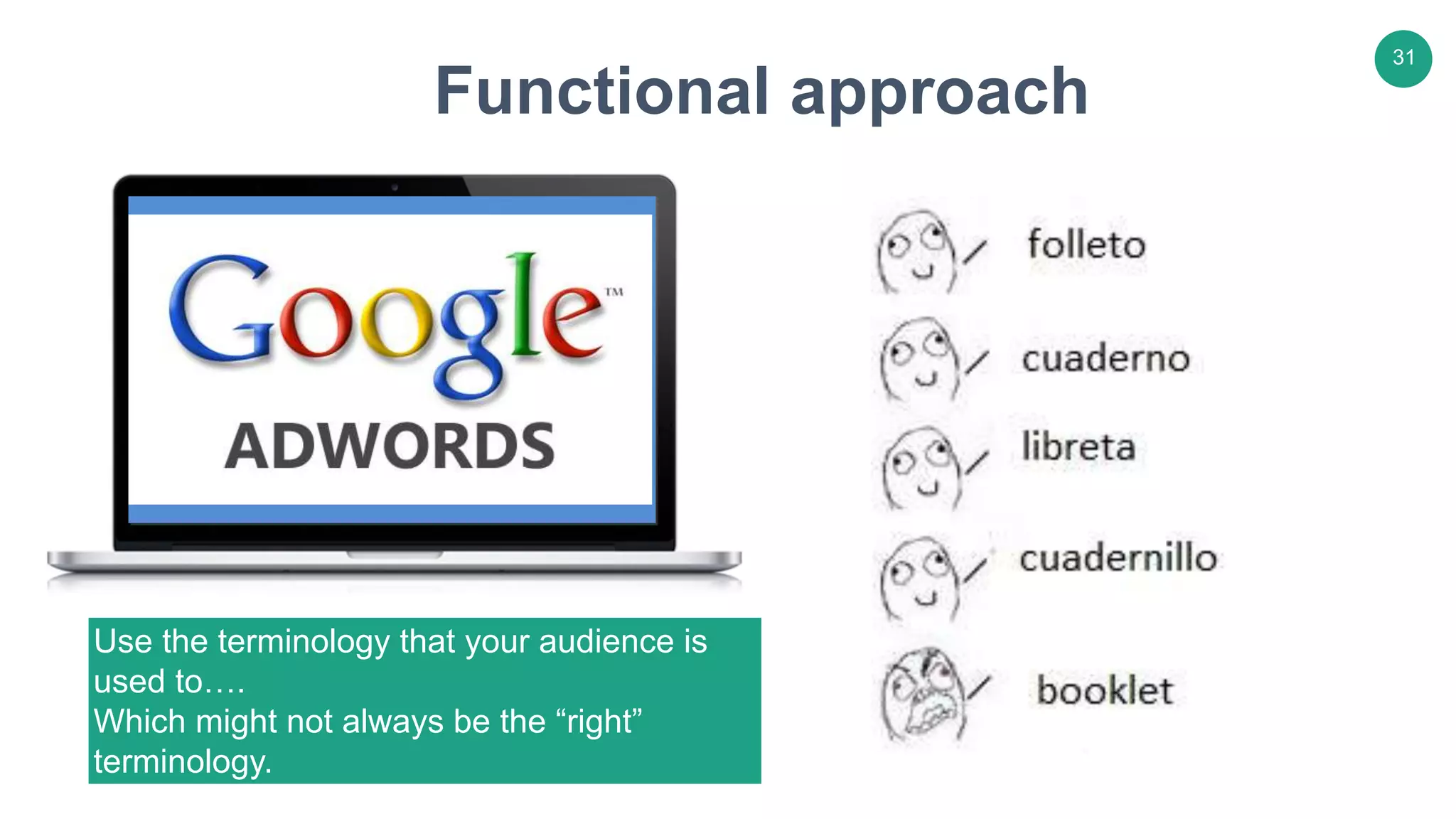 31
Functional approach
Use the terminology that your audience is
used to….
Which might not always be the “right”
terminology.
 