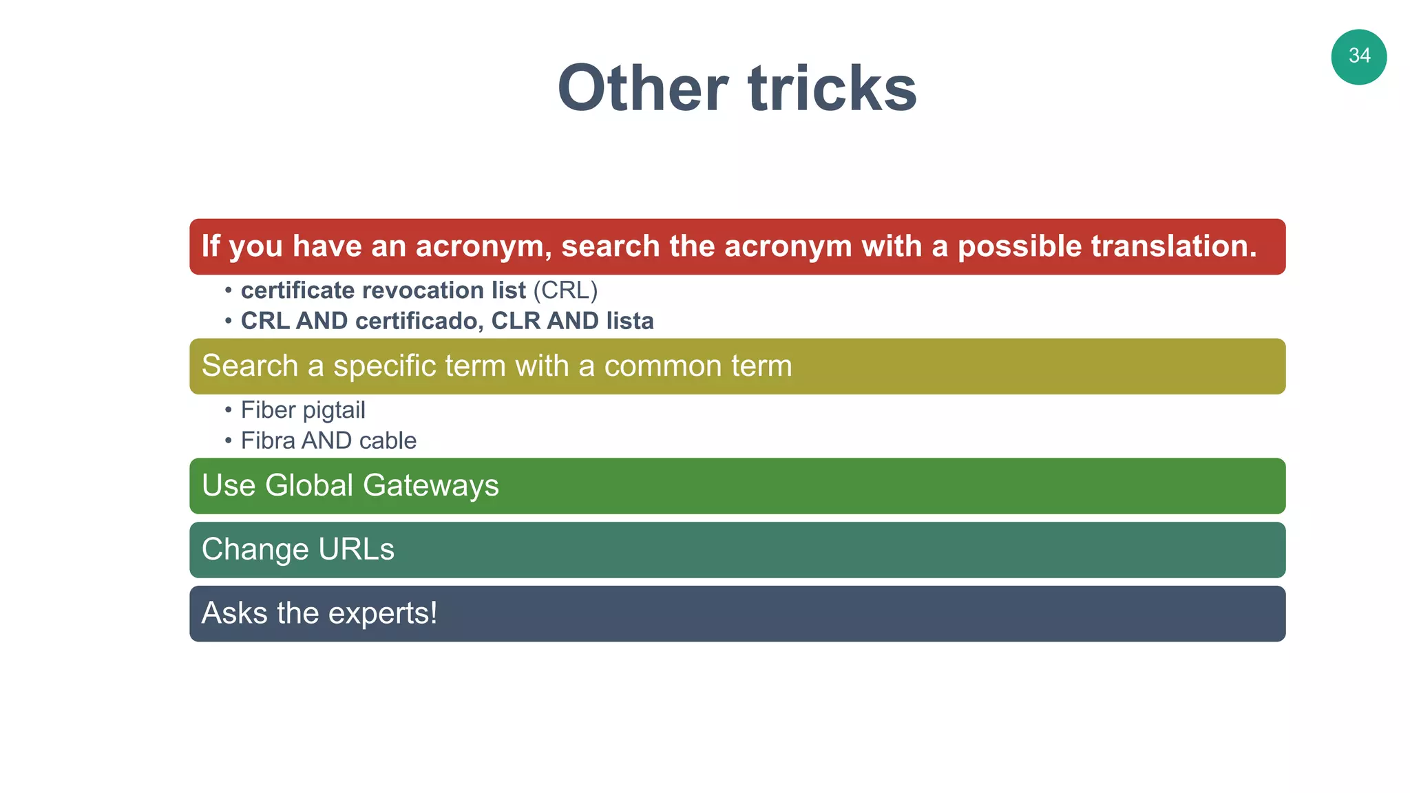 34
Other tricks
If you have an acronym, search the acronym with a possible translation.
• certificate revocation list (CRL)
• CRL AND certificado, CLR AND lista
Search a specific term with a common term
• Fiber pigtail
• Fibra AND cable
Use Global Gateways
Change URLs
Asks the experts!
 