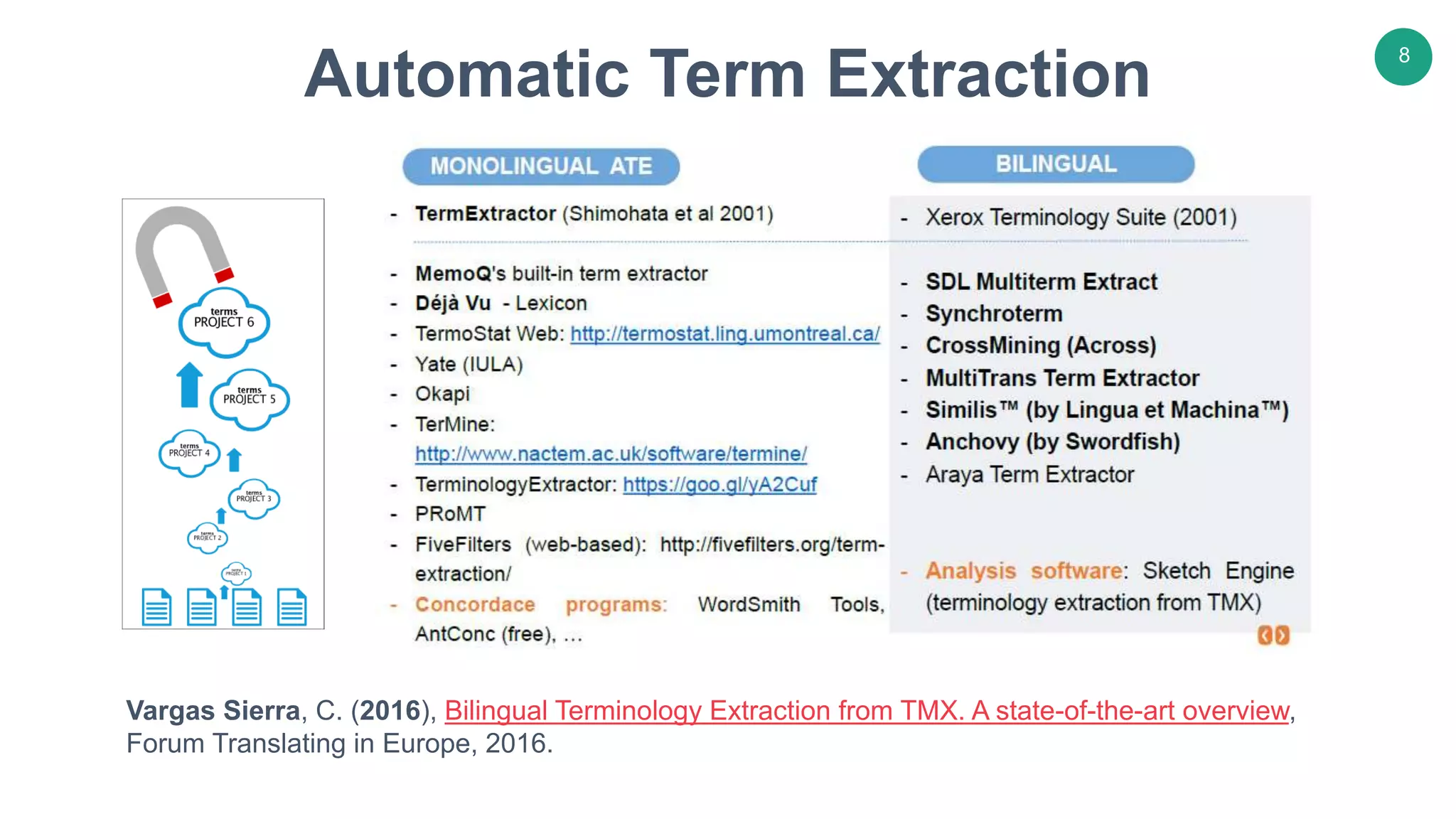 Automatic Term Extraction
8
Vargas Sierra, C. (2016), Bilingual Terminology Extraction from TMX. A state-of-the-art overview,
Forum Translating in Europe, 2016.
 