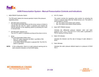 MTT M540000/R3.41 17AUG01
MTT M540000/R3.41 17AUG01
For Training Purposes Only
For Training Purposes Only ATA 21
ATA 21
A300/A310
A300/A310
21-
21-128
128
A300 Pressurization System - Manual Pressurization Controls and Indications
1. MAN PRESS Pushbutton Switch
The P/B switch selects the manual operation mode of the pressure
regulating valves.
• ON (P/B switch pressed-in)
The ON light illuminates White and the arrow comes on Amber to
indicate that the V/S CTL switch is operative and controls the
manual operation of the regulating valves by activating the motor
in manual mode.
• Off (P/B switch released-out)
The V/S CTL switch is inoperative as long as the arrow is not on.
• Arrow
The arrow illuminates Amber when:
- Both OFF lights integrated into REG 1 and REG 2 P/B
switches are illuminated,
- or the MAN PRESS P/B switch is selected ON. The V/S CTL
switch is operative.
NOTE: In this configuration, there is no cabin pressure warning and no
cabin pressure indication on the ECAM display.
2. V/S CTL Switch
The switch controls the regulating valve position by activating the
motors in manual mode when the. Amber arrow is on. The switch is
spring loaded to neutral.
- UP: The valves move toward open position.
- DN: The valves move toward closed position.
3. Cabin DIFF PRESS Indicator
Indicates the differential pressure between cabin and static
pressure. From -2 to 1 and from 8 to 13 the scale is graduated in
PSI for reading of limiting values.
4. Cabin V/S Indicator
Indicates the direction and the rate of change of cabin altitude in
ft/min.
5. Cabin Altimeter
Indicates the cabin pressure altitude based on a pressure of 29.92
HG in.
 