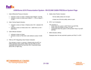 MTT M540000/R3.41 17AUG01
MTT M540000/R3.41 17AUG01
For Training Purposes Only
For Training Purposes Only ATA 21
ATA 21
A300/A310
A300/A310
21-
21-130
130
A300/Some A310 Pressurization System - RH ECAM CABIN PRESSure System Page
1. Cabin Differential Pressure Indication
• Indication comes on Green. It flashes when Delta-P > 8.6 PSI.
• Indication comes on Amber when Delta-P < -1 PSI or Delta-P >
10 PSI.
2. Cabin Vertical Speed Indication
• Indication comes on Green. It flashes when V/S > selected V/S
+ 50%.
• Indication comes on Amber when V/S < -2000 ft/min or V/S >
2000 ft/min.
3. Cabin Altitude Indication
• Indication comes on Green.
• Indication comes on Red when cabin altitude is above 10,000
ft.
4. FWD (or AFT) Regulating Valve Position Indication
The indication is given in a percent. It flashes when the AFT (or
FWD) regulating valve position differs from the FWD (or AFT)
regulating valve position by more than 40%. It becomes Amber
above 95% (in flight only).
5. Safety Valve Position Indication
the two safety valves are not open.
at least one of the two safety valves is open.
6. SYS 1 (or 2) Indication:
The indication is
- Green when the system is NOT FAULT and ACTIVE,
- Amber when the system is FAULT or OFF,
- suppressed when the system is ON and NOT FAULT but NOT
ACTIVE.
7. MAN Indication (White)
Displayed when the two automatic systems are FAULT or OFF.
 