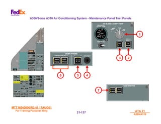 MTT M540000/R3.41 17AUG01
MTT M540000/R3.41 17AUG01
For Training Purposes Only
For Training Purposes Only ATA 21
ATA 21
A300/A310
A300/A310
21-
21-137
137
A300/Some A310 Air Conditioning System - Maintenance Panel Test Panels
7
3
1
2
5 4
6
 