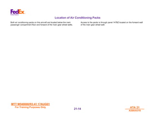 MTT M540000/R3.41 17AUG01
MTT M540000/R3.41 17AUG01
For Training Purposes Only
For Training Purposes Only ATA 21
ATA 21
A300/A310
A300/A310
21-
21-14
14
Location of Air Conditioning Packs
Both air conditioning packs on this aircraft are located below the main
passenger compartment floor and forward of the main gear wheel wells.
Access to the packs is through panel 147BZ located on the forward wall
of the main gear wheel well.
 