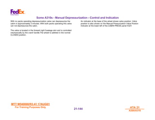 MTT M540000/R3.41 17AUG01
MTT M540000/R3.41 17AUG01
For Training Purposes Only
For Training Purposes Only ATA 21
ATA 21
A300/A310
A300/A310
21-
21-144
144
Some A310s - Manual Depressurization - Control and Indication
With no packs operating depressurization valve can depressurize the
cabin in approximately 3 minutes. With both packs operating this valve
can not depressurize the cabin.
The valve is located in the forward right fuselage skin and is controlled
mechanically by the crank handle.The wheel is safetied in the normal
CLOSED position.
An indicator at the base of the wheel shows valve position. Valve
position is also shown on the Manual Pressurization Valve Postion
Indicator at the lower left of the CABIN PRESS panel 432V
 